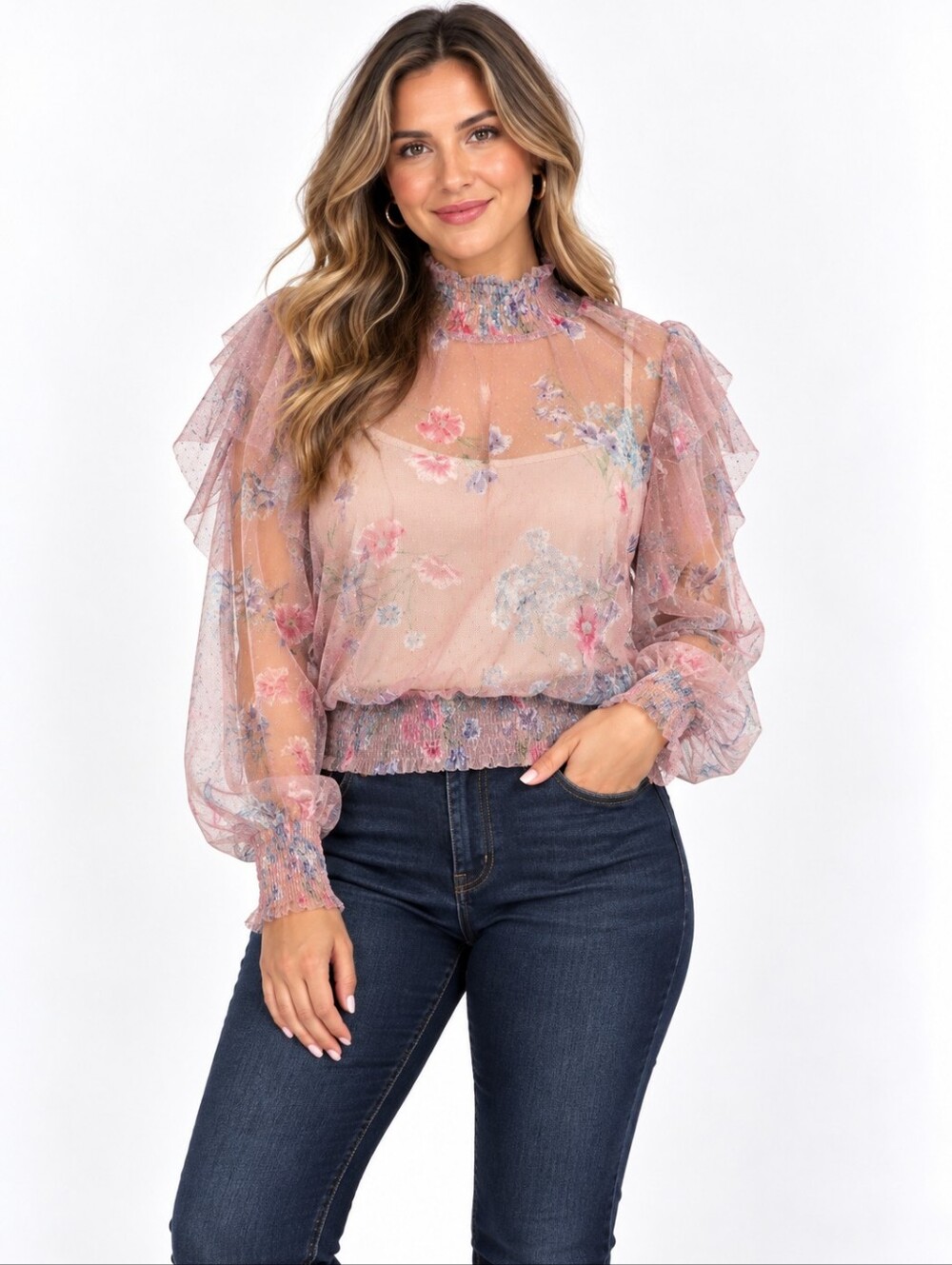LIFE Love Is For Eternity Sheer Floral Mesh Blouse Large Smocked Ruffle